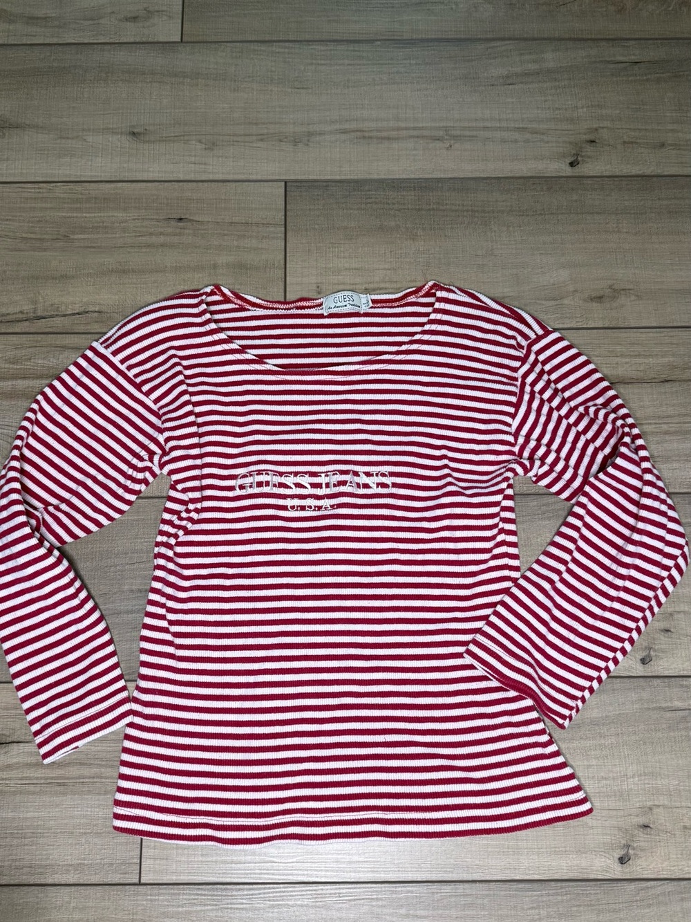 Vintage GUESS Jeans USA Made Red Striped Ribbed Long Sleeve Top L